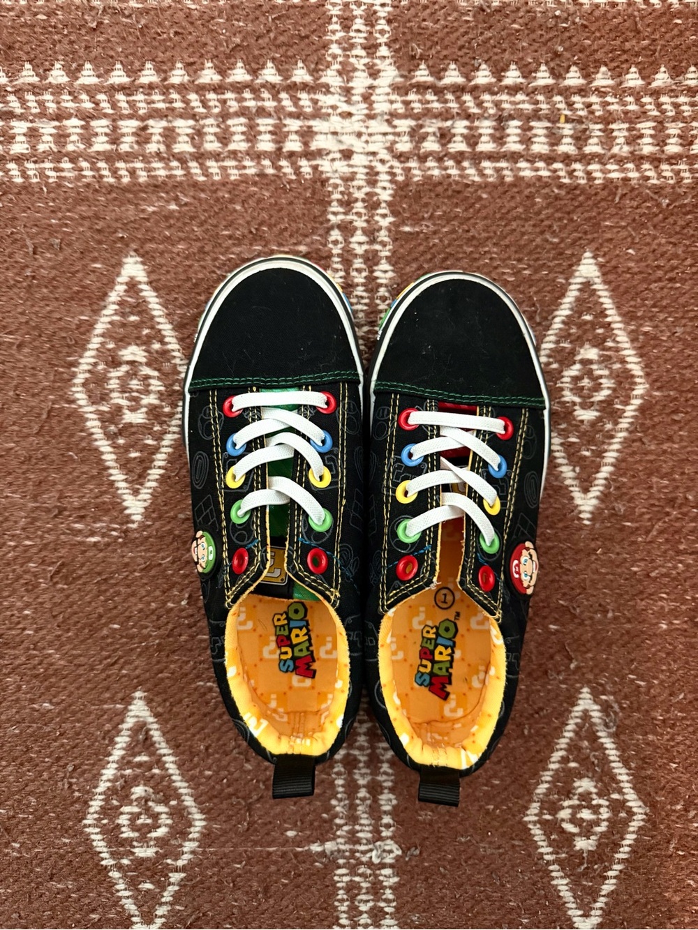 Super Mario Kids Black Canvas Sneakers with Colorful Eyelets